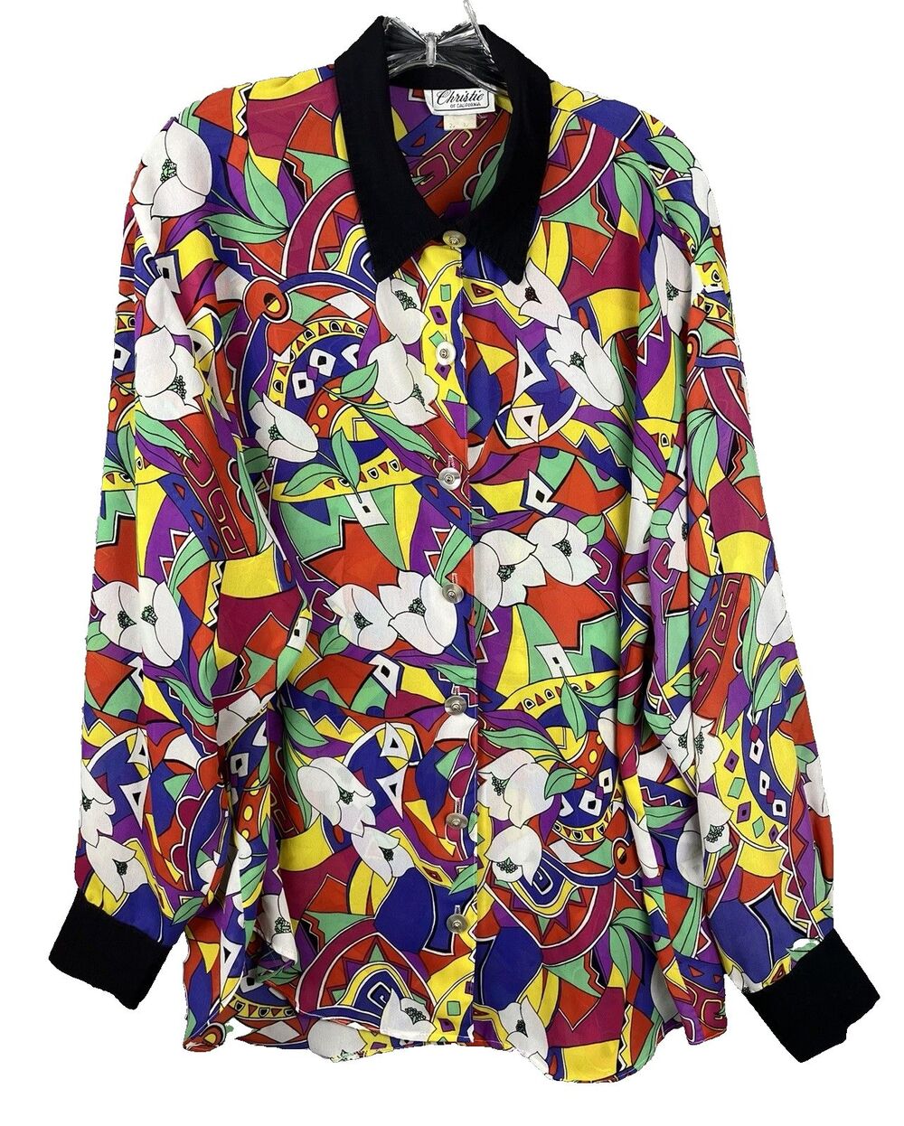 VTG 90s Pop Art Print Floral Rayon Blouse Oversized Dopamine Made USA